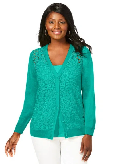Jessica London Crochet Button-front Cardigan In Green