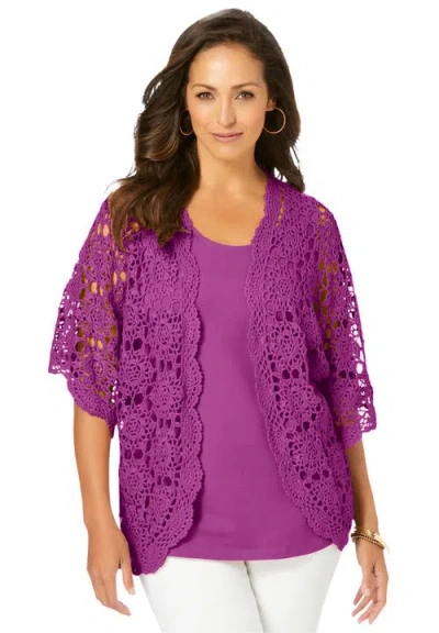 Jessica London Crochet Cardigan In Purple