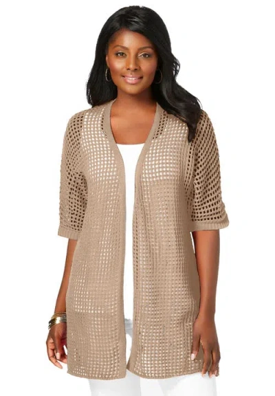 Jessica London Crochet Long Cardigan In Brown