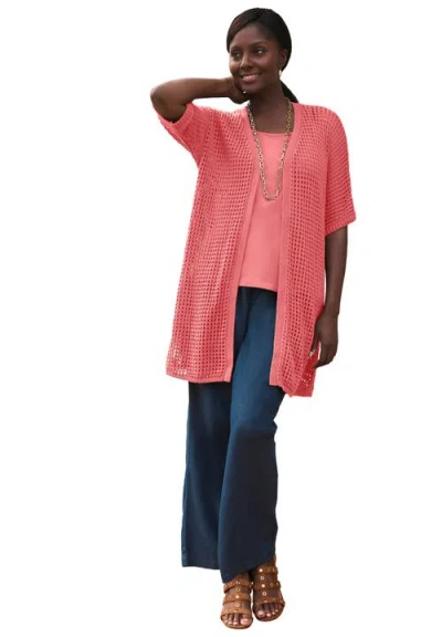 Jessica London Crochet Long Cardigan In Pink