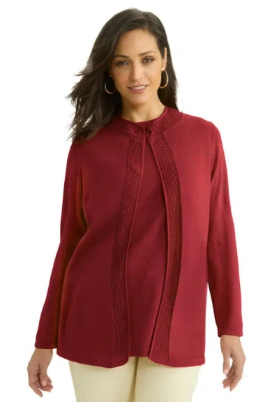 Jessica London Crochet Trim Cardigan In Red