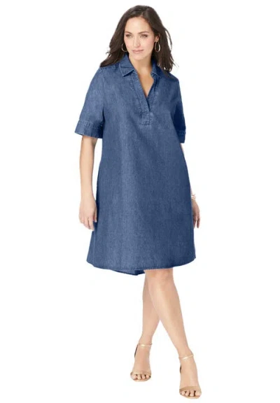 Jessica London Cuff Sleeve Denim Shirtdress In Blue
