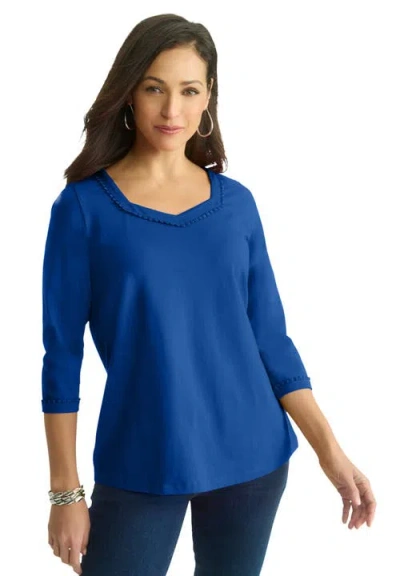 Jessica London Dot Trim Sweetheart Neck Tee In Blue