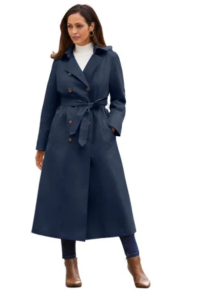 Jessica London Double Breasted Long Trench Raincoat In Blue