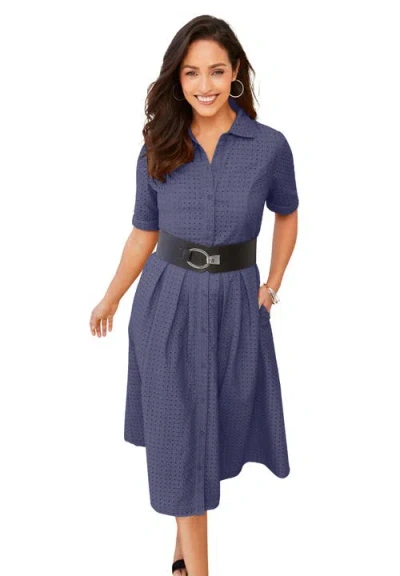 Jessica London Eyelet Shirt Dress In Blue