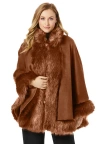 Jessica London Faux Fur Trim Wool Cape In Brown
