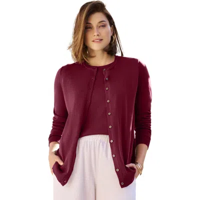 Jessica London Fine Gauge Button-front Cardigan In Burgundy