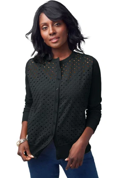 Jessica London Fine Gauge Eyelet Cardigan In Black