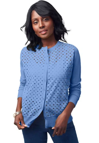 Jessica London Fine Gauge Eyelet Cardigan In Blue