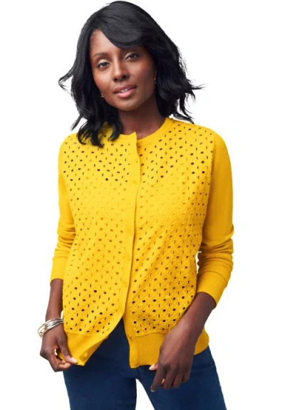 Jessica London Fine Gauge Eyelet Cardigan In Yellow