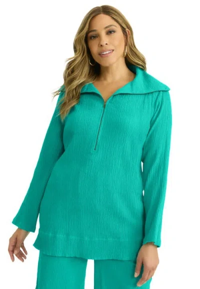Jessica London Gauze Half-zip Tunic In Green