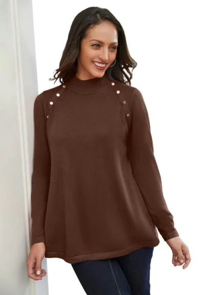 Jessica London Gold Button Mockneck Sweater In Brown