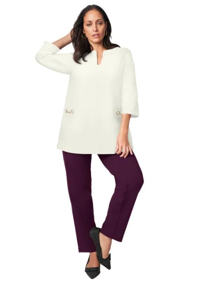 Jessica London Gold Detail Split Neck Stretch Knit Tunic In White