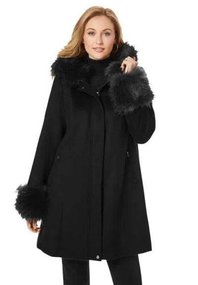 Jessica London Hooded Faux Fur Trim Coat In Black