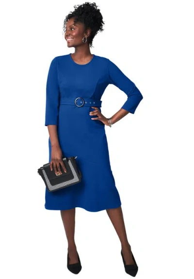 Jessica London Knit Crepe Belt Dress In Blue
