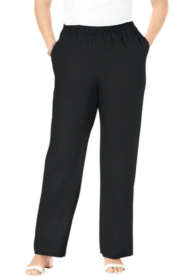 Jessica London Lightweight Linen-blend Straight-leg Pants In Black