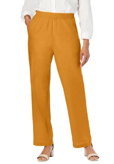 Jessica London Lightweight Linen-blend Straight-leg Pants In Orange