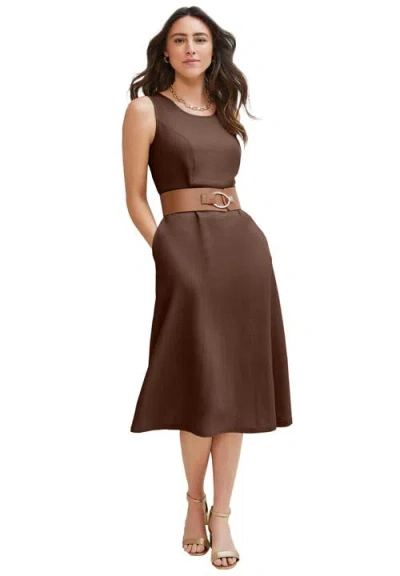 Jessica London Linen Fit & Flare Dress In Brown