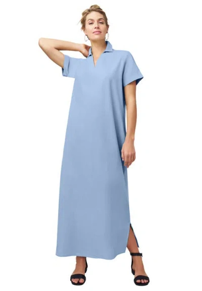 Jessica London Linen Short Sleeve Maxi Dress In Blue