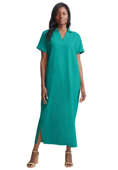 Jessica London Linen Short Sleeve Maxi Dress In Green