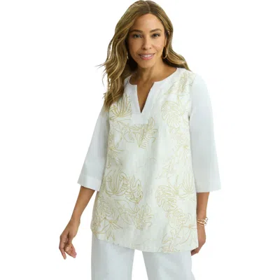 Jessica London Linen V-neck Embroidered Tunic In Blue