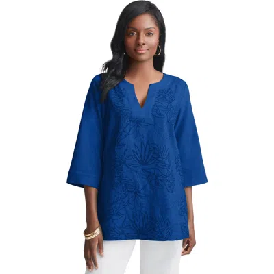 Jessica London Linen V-neck Embroidered Tunic In Blue