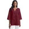 Jessica London Linen V-neck Embroidered Tunic In Burgundy