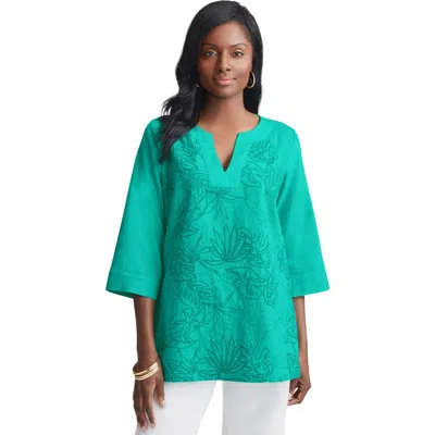 Jessica London Linen V-neck Embroidered Tunic In Green