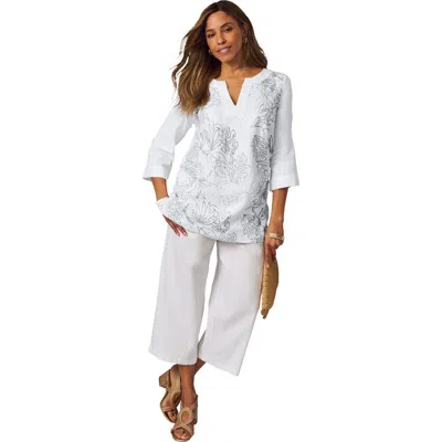 Jessica London Linen V-neck Embroidered Tunic In White