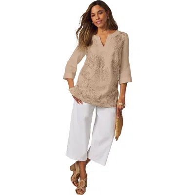 Jessica London Linen V-neck Embroidered Tunic In Neutral