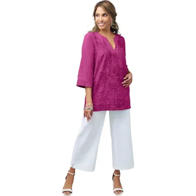 Jessica London Linen V-neck Embroidered Tunic In Multi