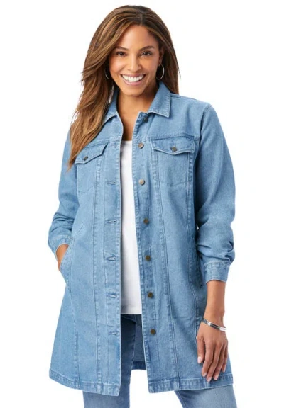 Jessica London Long Denim Jacket In Blue