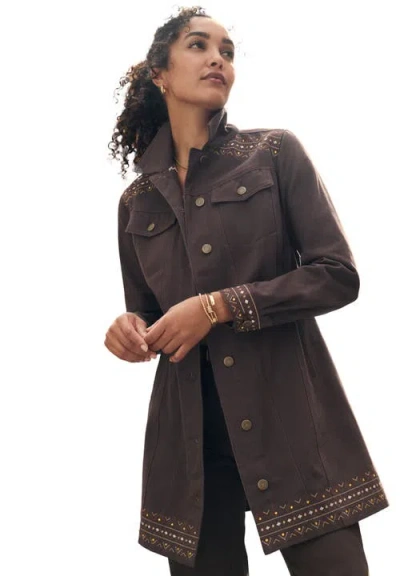 Jessica London Long Denim Jacket In Brown