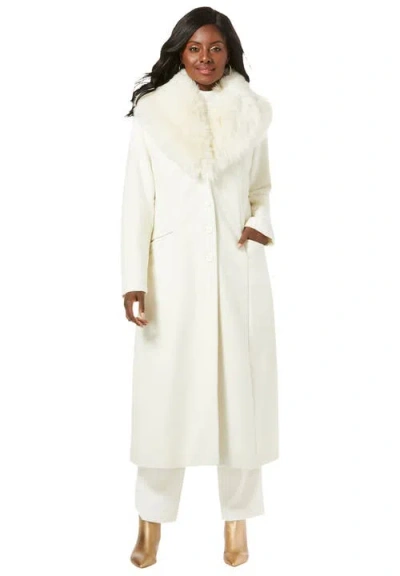 Jessica London Long Wool-blend Coat With Faux Fur Collar In White
