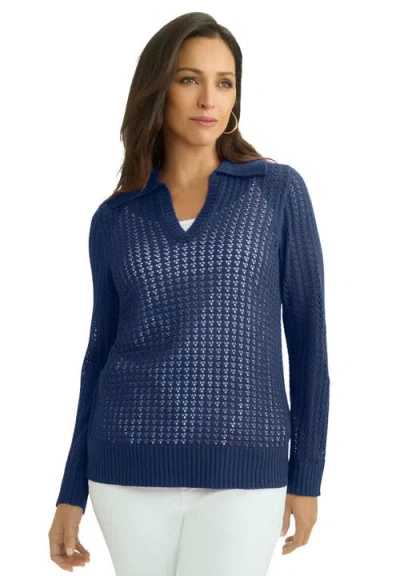 Jessica London Pullover Crochet Polo In Blue