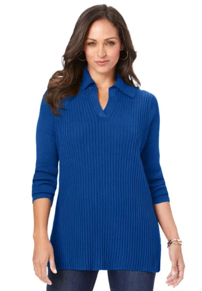 Jessica London Ribbed Collar Sweater In Blue