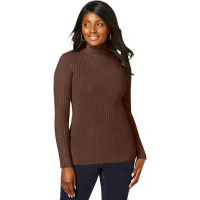 Jessica London Ribbed Cotton Turtleneck Sweater In Brown