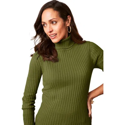 Jessica London Ribbed Cotton Turtleneck Sweater In Green