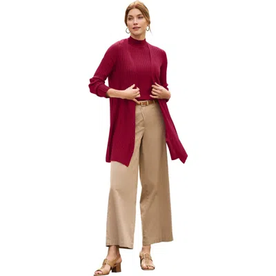 Jessica London Ribbed Midi Cardigan In Burgundy