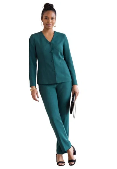 Jessica London Shaped Crepe Jacket & Straight-leg Pant Suit In Green