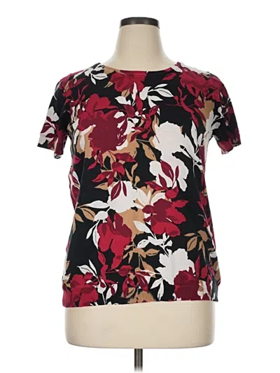 Pre-owned Jessica London Short Sleeve Top Burgundy Floral Pattern Crew Neck Tops