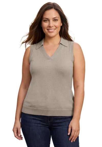 Jessica London Sleeveless Pullover Polo Sweater In Brown