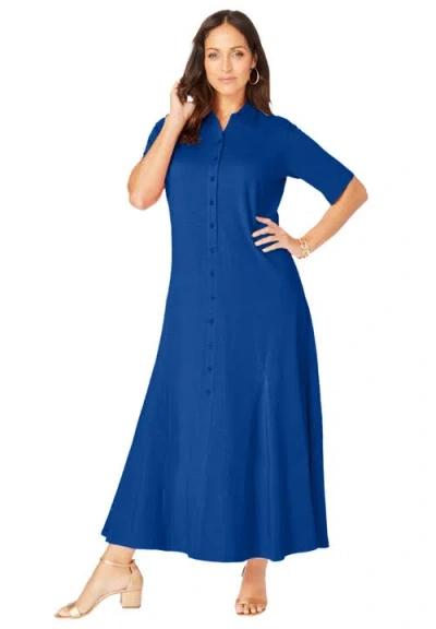 Jessica London Stretch Cotton Button Front Maxi Dress In Blue