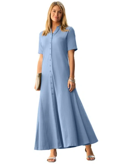 Jessica London Stretch Cotton Button Front Maxi Dress In Blue