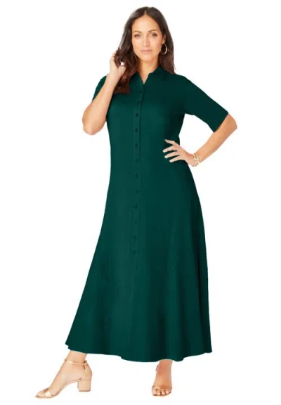 Jessica London Stretch Cotton Button Front Maxi Dress In Green