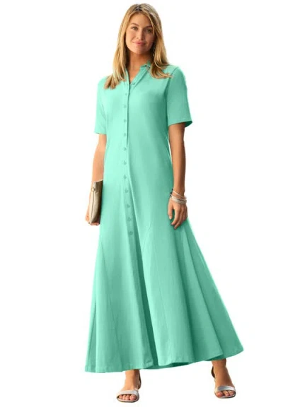 Jessica London Stretch Cotton Button Front Maxi Dress In Green