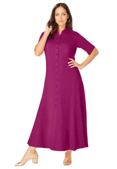 Jessica London Stretch Cotton Button Front Maxi Dress In Pink