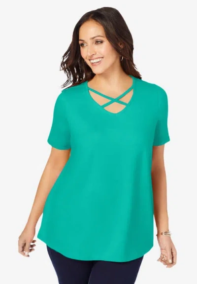 Jessica London Stretch Cotton Crisscross Strap Tee In Green
