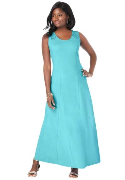 Jessica London Stretch Cotton Crochet-back Maxi Dress In Blue
