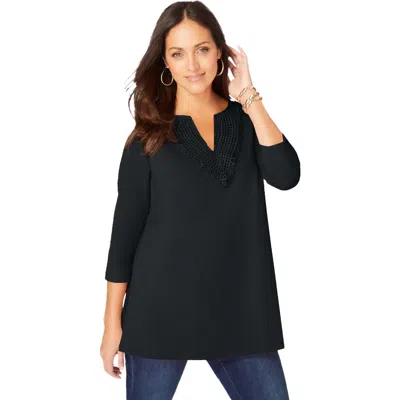 Jessica London Stretch Cotton Crochet Notch Neck Tunic In Black